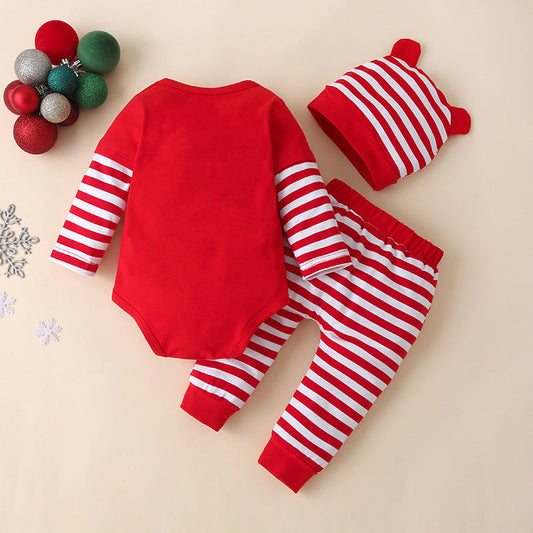 Babysetje met rode romper My first Christmas, gestreept broekje en mutsje