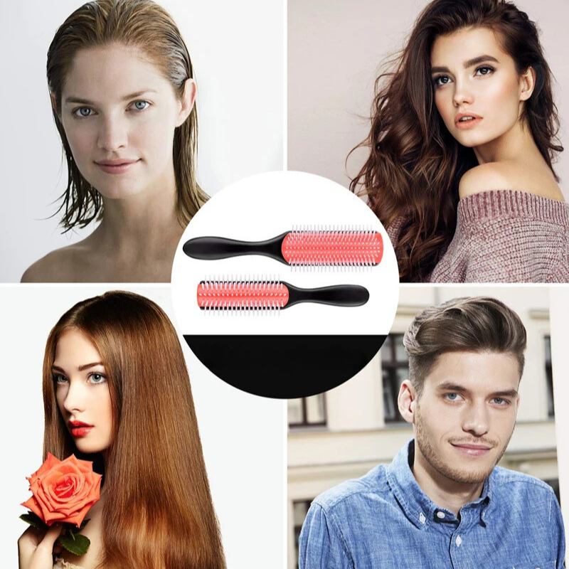 Ontklitborstel 9-rijen voor steil en krullend haar kunststof antislip handvat