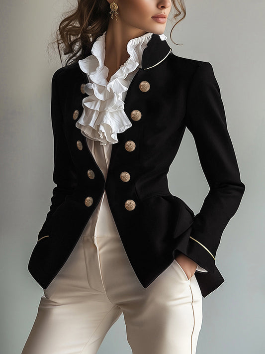 Militaire blazer dames met goudkleurige knopen en peplum - zwart