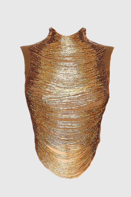 Gouden mouwloze top + jurk met hoge hals en glanzende structuur