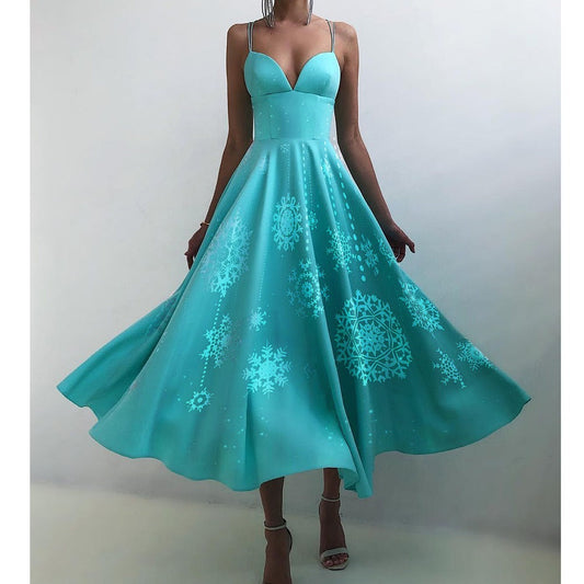 Midi kerstjurk voor dames met spaghettibandjes, hartvormige hals en wijde rok - turquoise met sneeuwvlokken