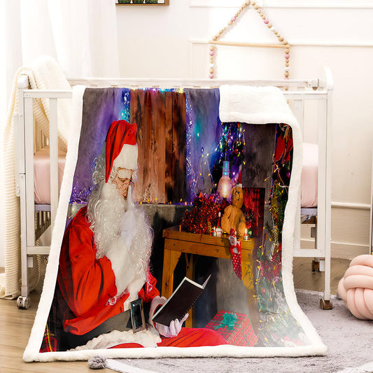 Fleece kerstdeken met kerstprint en witte teddy achterkant