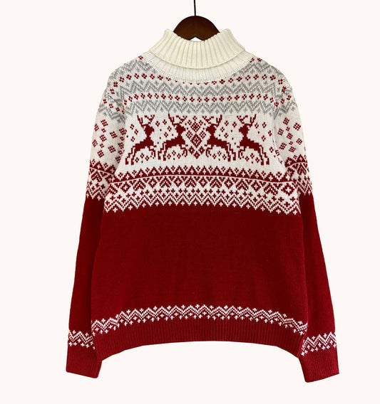 Bijpassende kersttrui voor hem en haar met noorse print en opstaande hals - rood, damesmodel