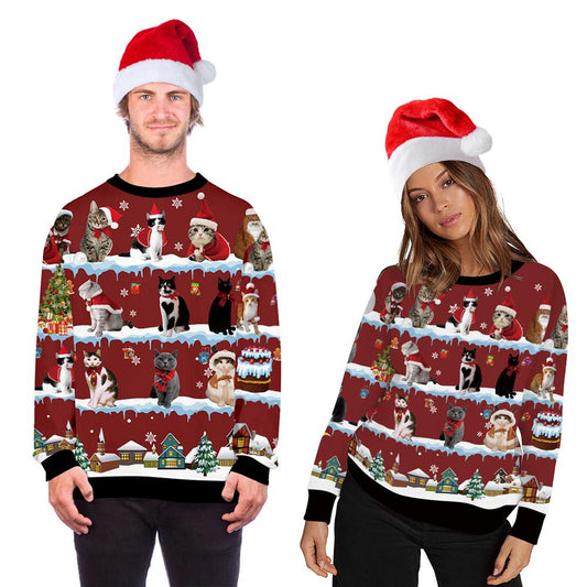Foute kersttrui met allover print van katten en kerstmotieven