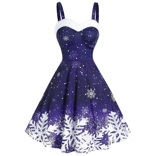 Kerstjurk voor dames met bandjes, witte pluche rand en sneeuwvlokprint