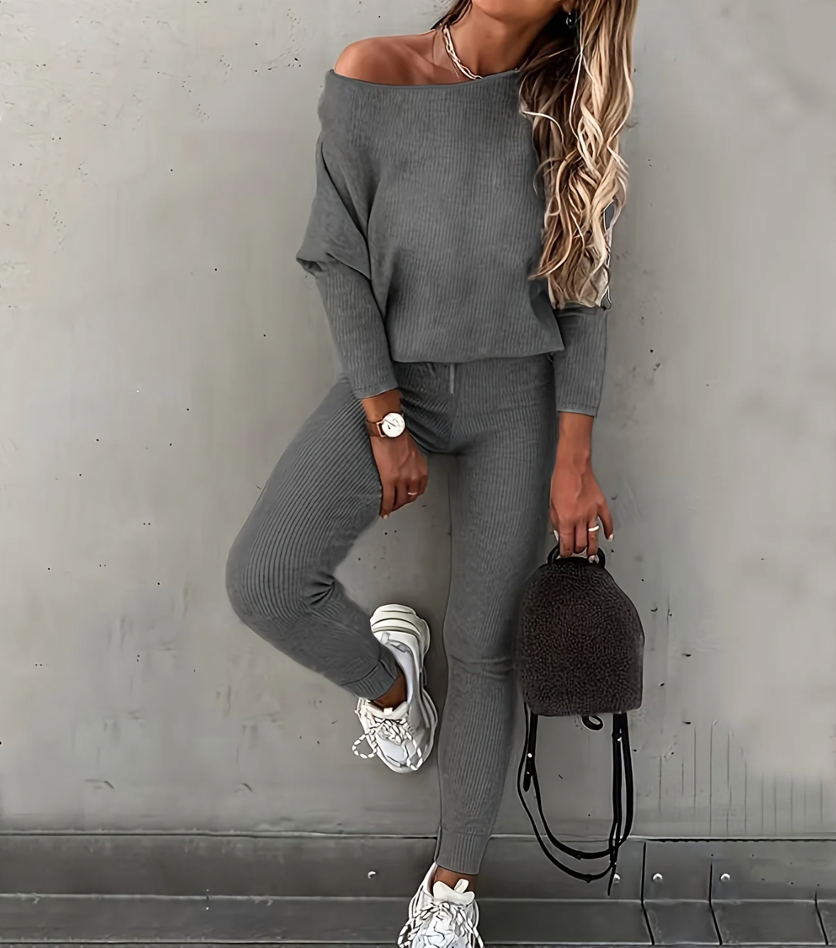 Grijze Off Shoulder Tweedelige Set - Duurzaam & Comfortabel voor Alle Seizoenen