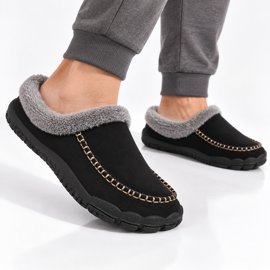 Barefoot herenpantoffels met fleecekraag en mocassinsteek in contrastkleur