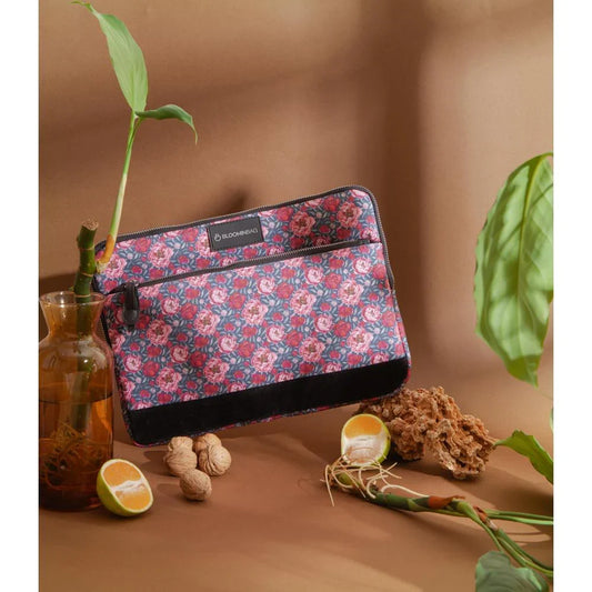 Laptophoes met bloemenprint, rondlopende rits met aluminium trekker
