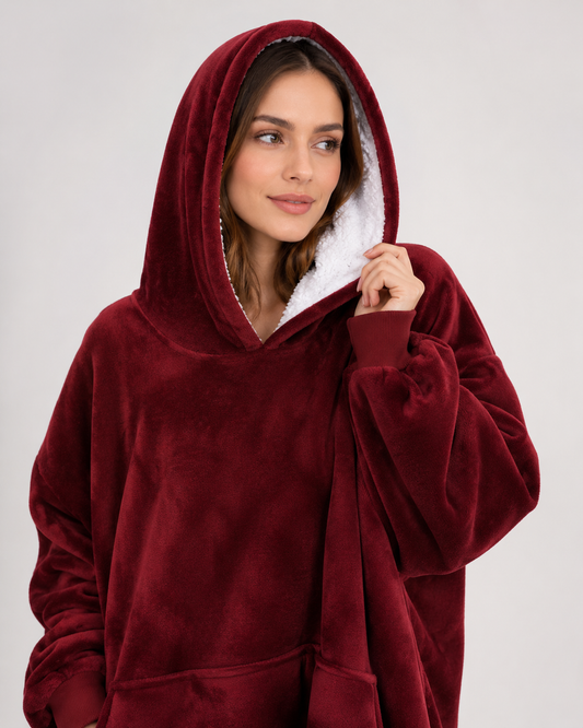 Oversized bordeauxrode hoodie deken met crèmekleurig gevoerde capuchon