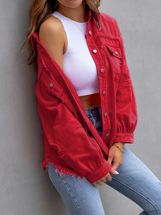 Oversized overhemdjack dames met rafelranden en borstzakken - rood