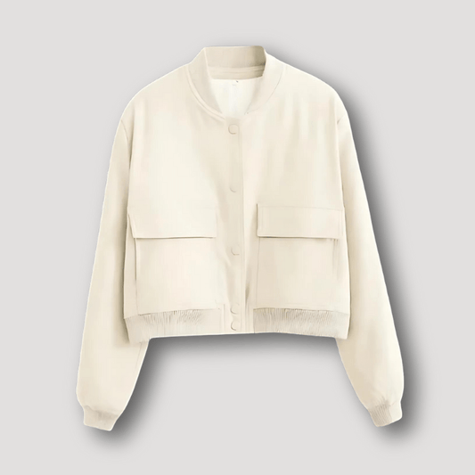 Cropped bomberjack voor dames met boordkraag en twee grote klepzakken - crème