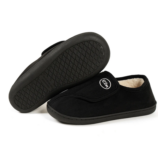 Brede unisex sloffen in suède look met klittenband en fleecevoering
