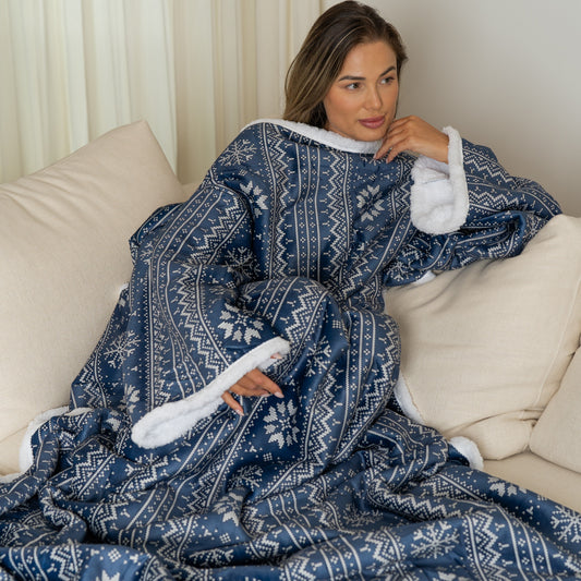 Blauwe Deken met Mouwen, Noors Patroon en Sherpa