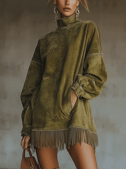 Oversized jurk met suèdelook en franjezoom - detailfoto