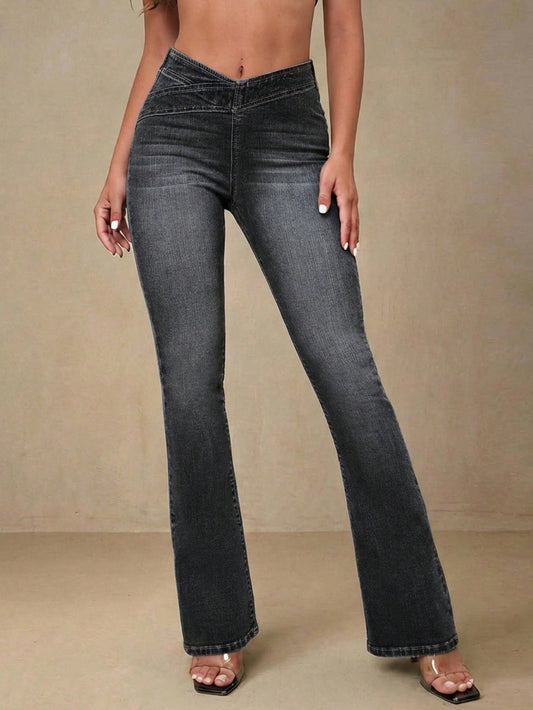 Flared jeans voor dames met V-vormige tailleband en stretch - antraciet