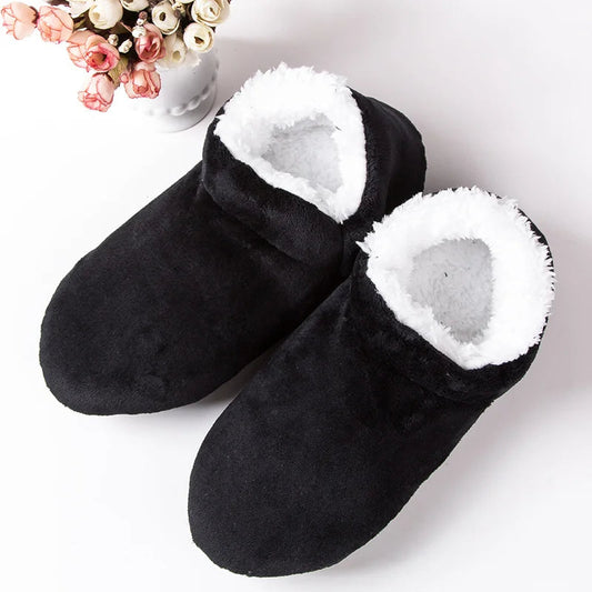 Hoge herenpantoffels van velours met teddy voering en omgeslagen rand - zwart