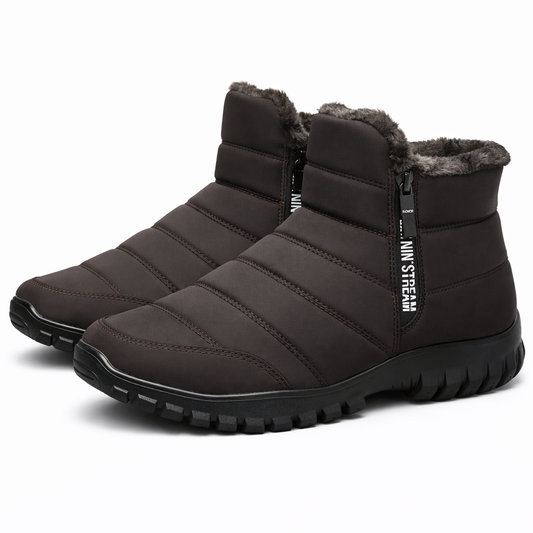Gevoerde heren snowboots met rits opzij en grove profielzool - bruin