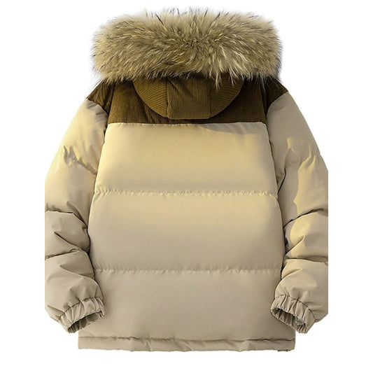 Beige heren winterjas met capuchon en bontrand, achterkant