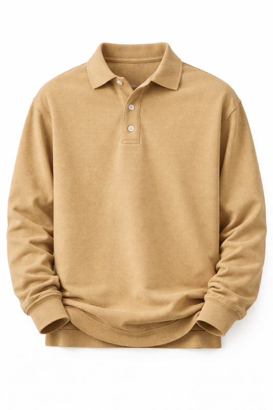 Herenpolo met lange mouwen in gewassen sweatstof - khaki
