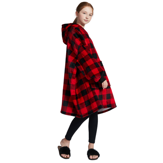Kinder Hoodie Deken met Rood-Zwarte Ruit en Sherpa