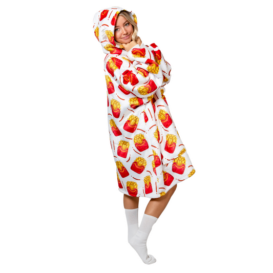 Witte Hoodie Deken met Frietprint en Sherpavoering