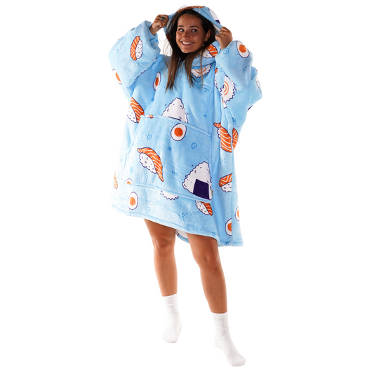 Lichtblauwe Hoodie Deken met Sushiprint en Sherpa