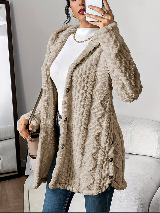Lang teddy damesvest met capuchon, knopen en kabelpatroon - beige
