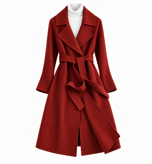 Lange wikkeljas voor dames in wollook met strikceintuur - steenrood
