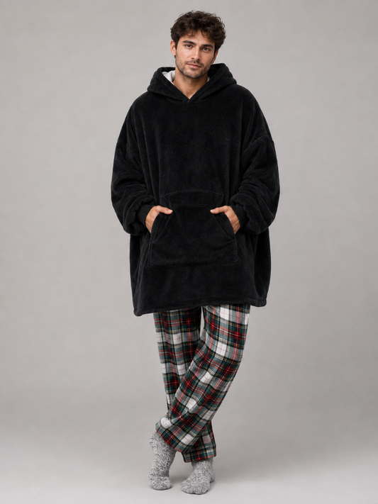 Oversized zwarte hoodie deken met gevoerde capuchon en brede buikzak