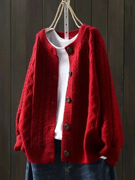Oversized damesvest met kabelpatroon, ronde hals en knoopsluiting - rood