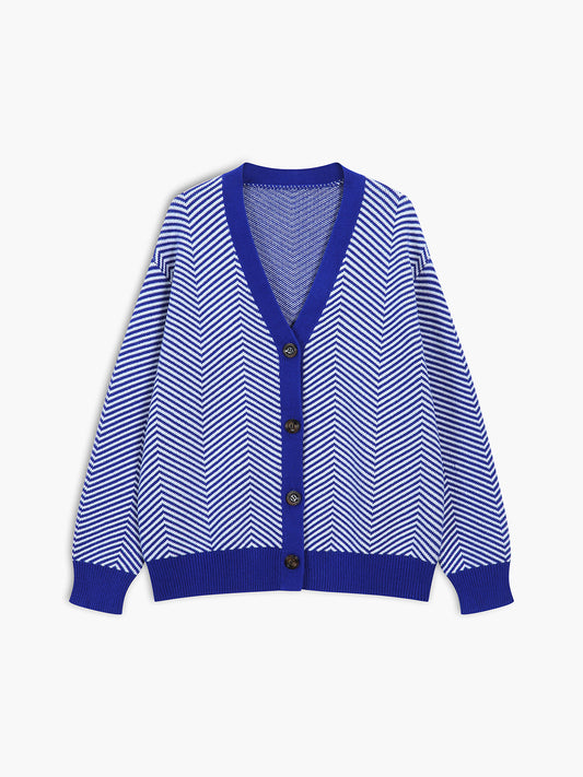 Oversized damesvest met visgraatstreep, V-hals en contrastboorden - kobaltblauw/wit