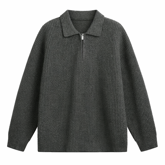 Ruime quarter-zip herentrui met polokraag en grove rib - antraciet
