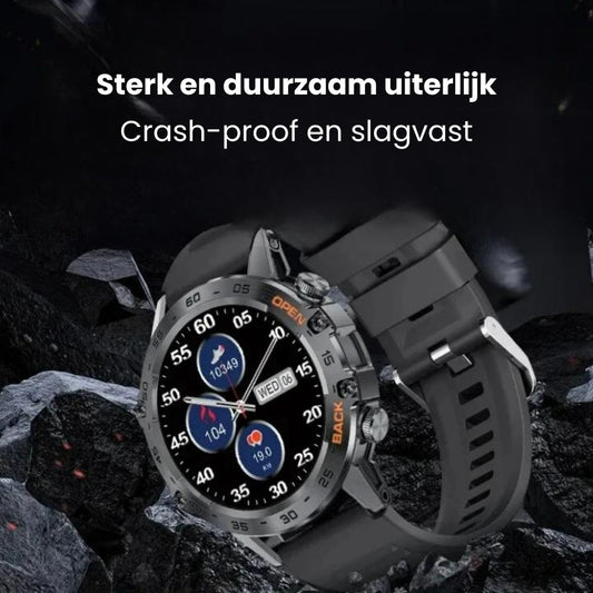 Robuuste heren smartwatch op een donkere rotsachtige ondergrond