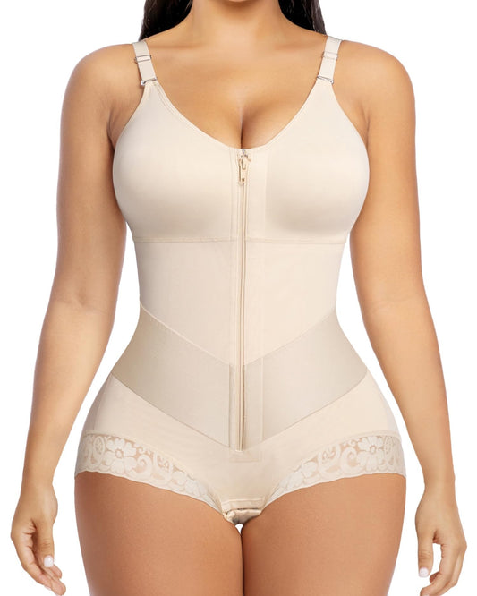 Shapewear body met rits aan de voorkant, V-hals en kanten pijpjes - huidskleur