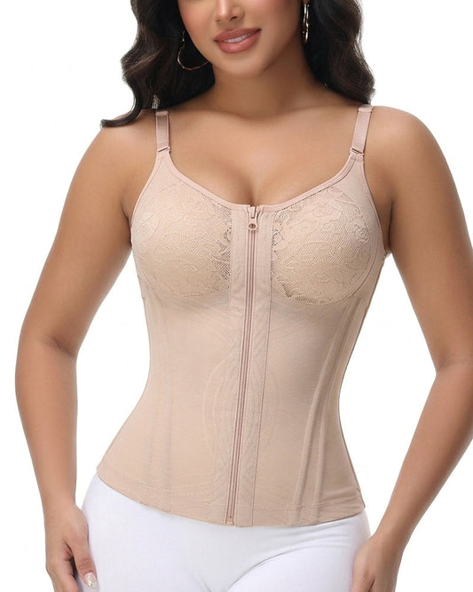 Shapewear hemdtop met kanten cups, rits voor en verstelbare bandjes - huidskleur