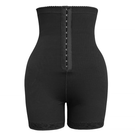 Shapewear short met extra hoge taille, haaksluiting voorop en kanten zoom - zwart