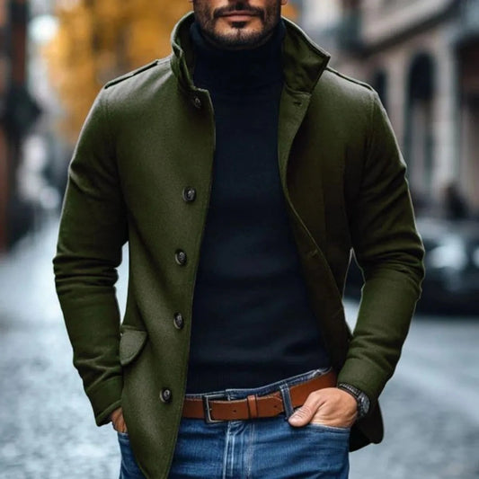Slim fit herenjas in wollook met opstaande kraag - legergroen