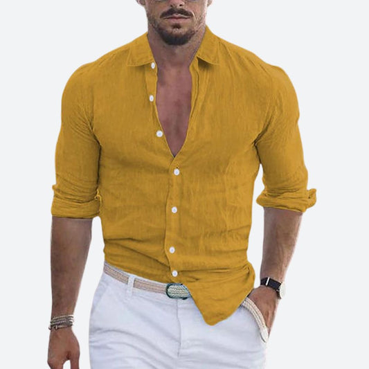 Slim fit herenoverhemd in linnenlook met open kraag, witte knopen en opgerolde lange mouwen - okergeel