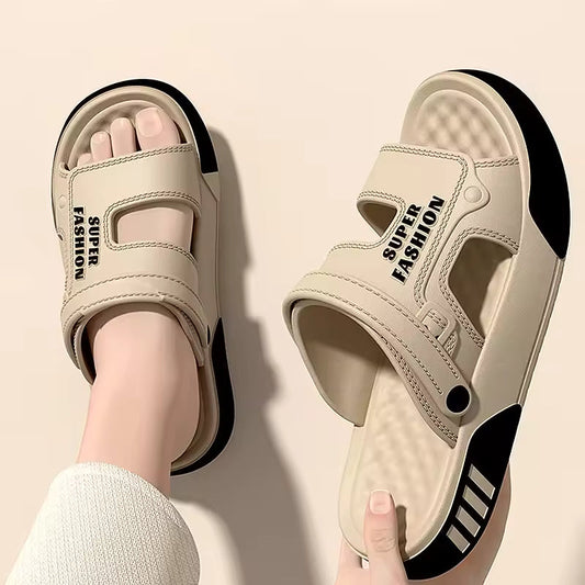 Slippers van EVA met twee brede banden, draaibare hielband en tweekleurige zool - beeld 2