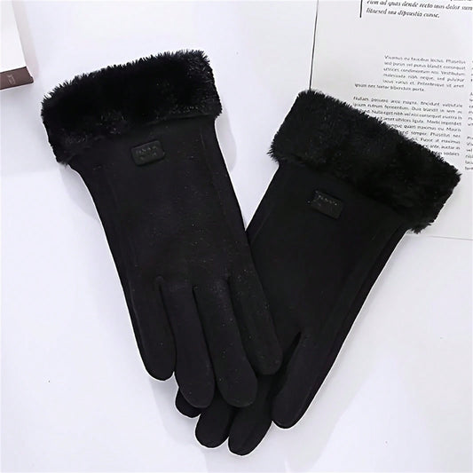 Touchscreen handschoenen voor dames in suède look met pluche manchet - zwart