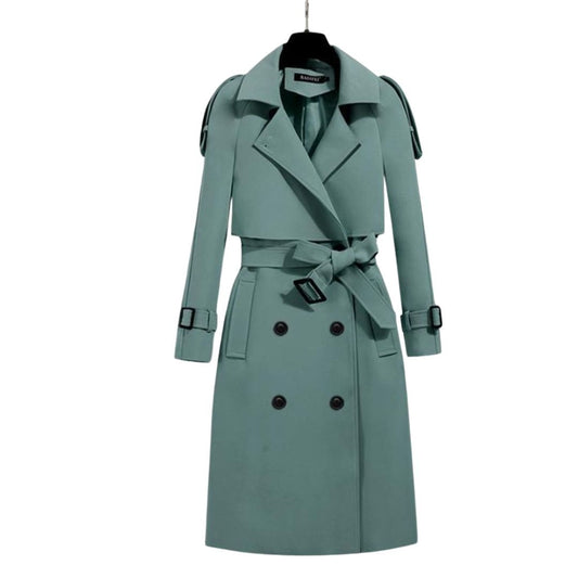 Trenchcoat voor dames met schouderpatten en strikceintuur - saliegroen