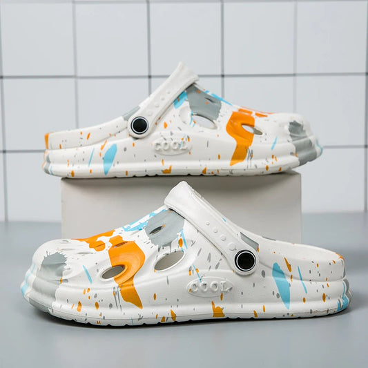 Tuinklompen van EVA met print van verfspatten, ventilatiegaten en hielband - wit