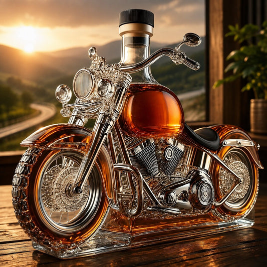 Glazen whiskykaraf in de vorm van een motor met zilverkleurig stuur - beeld 2