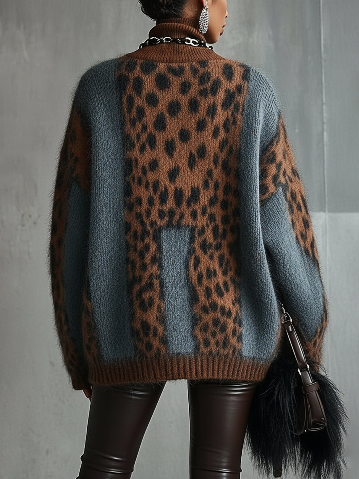 Oversized coltrui met luipaardprint in Luipaard bruin-blauw