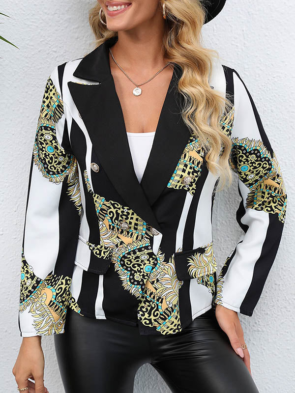 Cropped zwart-witte gestreepte damesblazer met barokprint vlakken