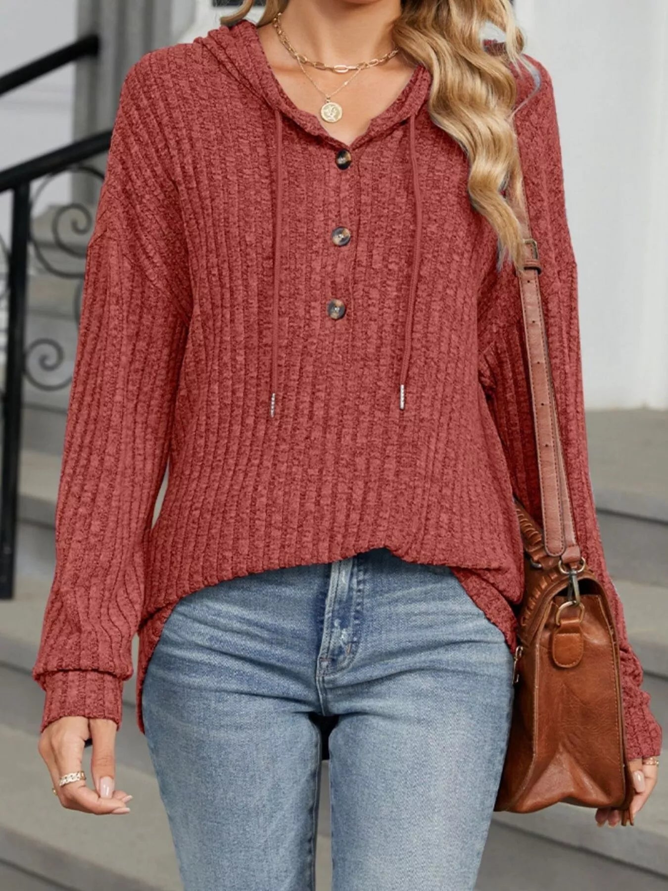 Gebreide hoodie dames met knopen in Rood