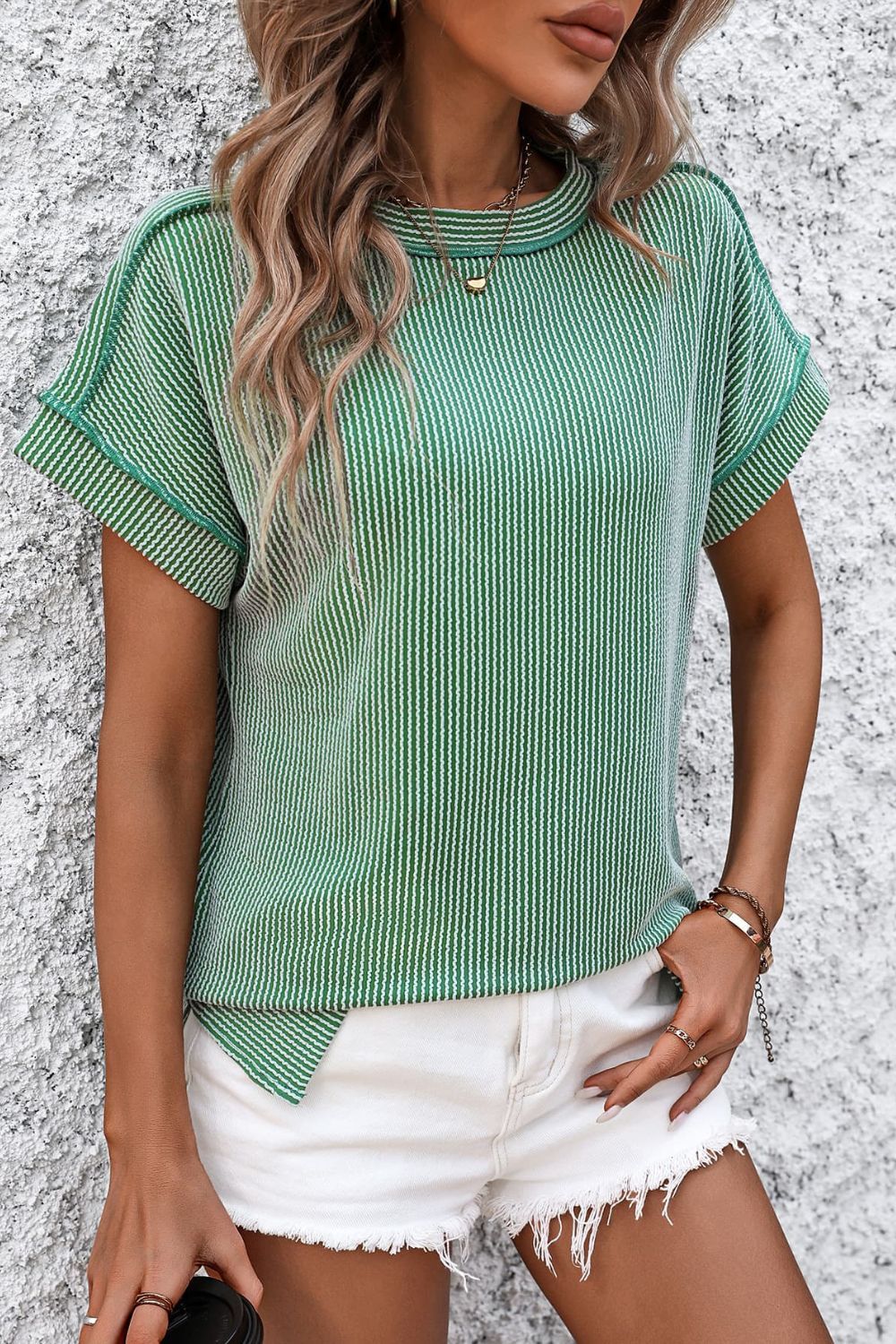 Ribshirt dames met korte mouw in Saliegroen