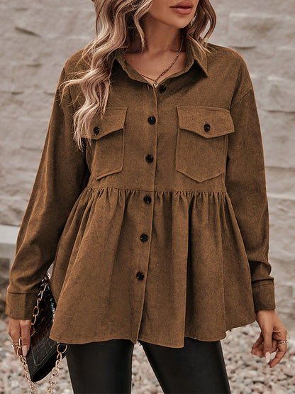 Tabaksbruin corduroy overshirt met peplum en borstzakken