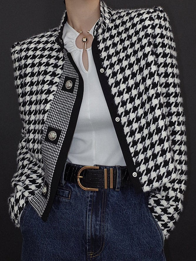 Cropped zwart-wit pied de poule damesjack met opstaande kraag