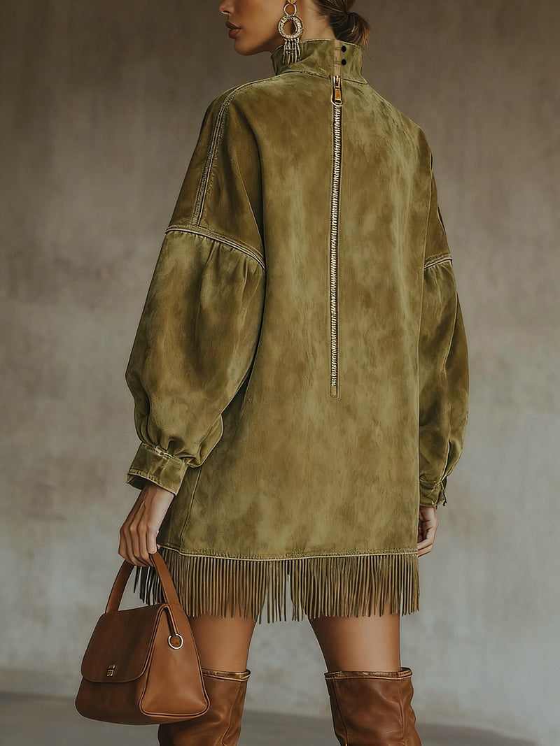 Oversized jurk met suèdelook en franjezoom - detailfoto